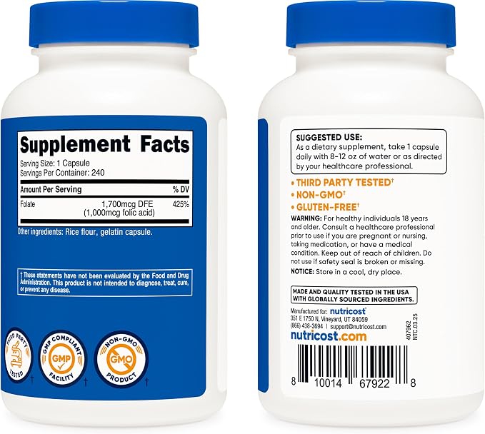 Nutricost Folic Acid (Vitamin B9) 1000 mcg, 240 Capsules
