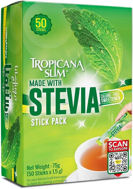 Tropicana Slim Stevia Sweetener – Zero Calorie Sugar Substitute (50 Sticks / 75g)