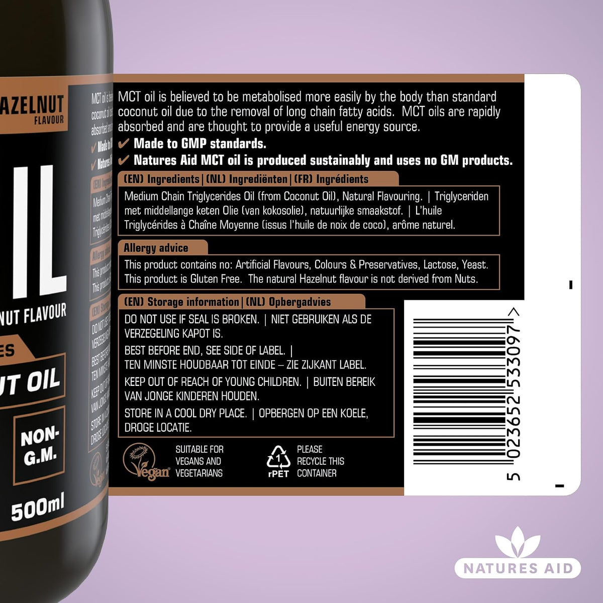 Natures Aid 100% MCT Oil - Hazelnut Flavour (500ml)