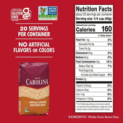 Carolina Whole Grain Brown Rice, Long Grain Rice, 2 lb Bag