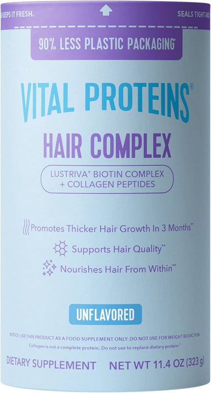 Vital Proteins Collagen Peptides + Biotin 10000mcg Hair Complex, Hair Growth Supplement - Clinically Studied Lustriva to Promote Thicker Fuller Hair, 20g Unflavored Collagen for Women 11.4oz Powder