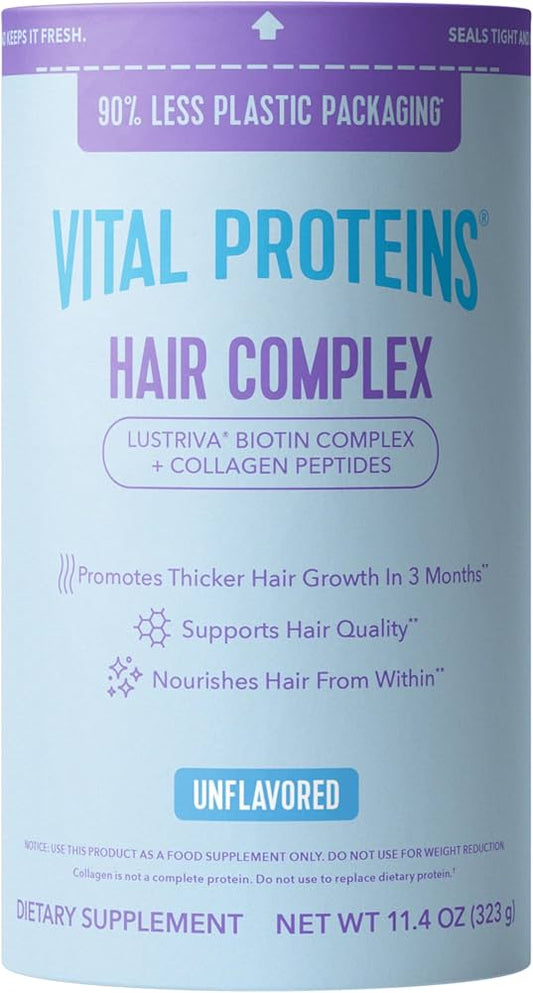 Vital Proteins Collagen Peptides + Biotin 10000mcg Hair Complex, Hair Growth Supplement - Clinically Studied Lustriva to Promote Thicker Fuller Hair, 20g Unflavored Collagen for Women 11.4oz Powder