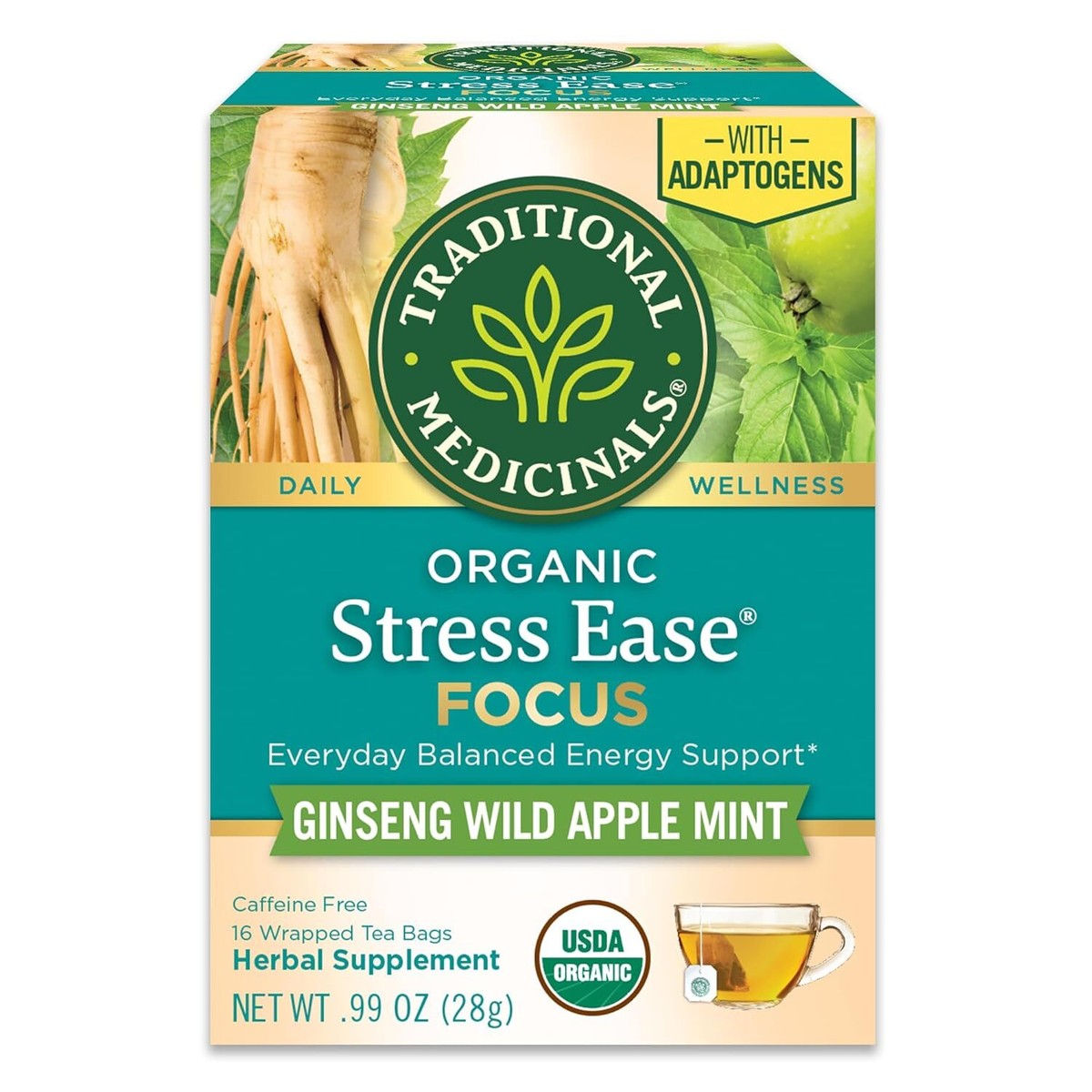 Traditional Medicinals Tea, Organic Stress Ease Focus, with Adaptogens, Everyday Balanced Energy, Ginseng Wild Apple Mint, 16 Tea Bags (Pack of 2)