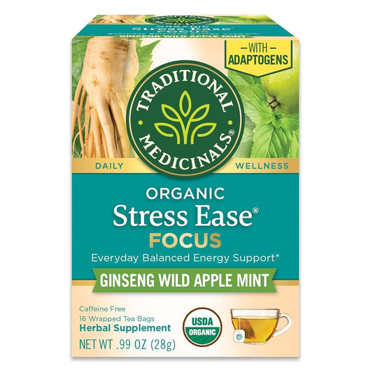 Traditional Medicinals Tea, Organic Stress Ease Focus, with Adaptogens, Everyday Balanced Energy, Ginseng Wild Apple Mint, 16 Tea Bags (Pack of 2)