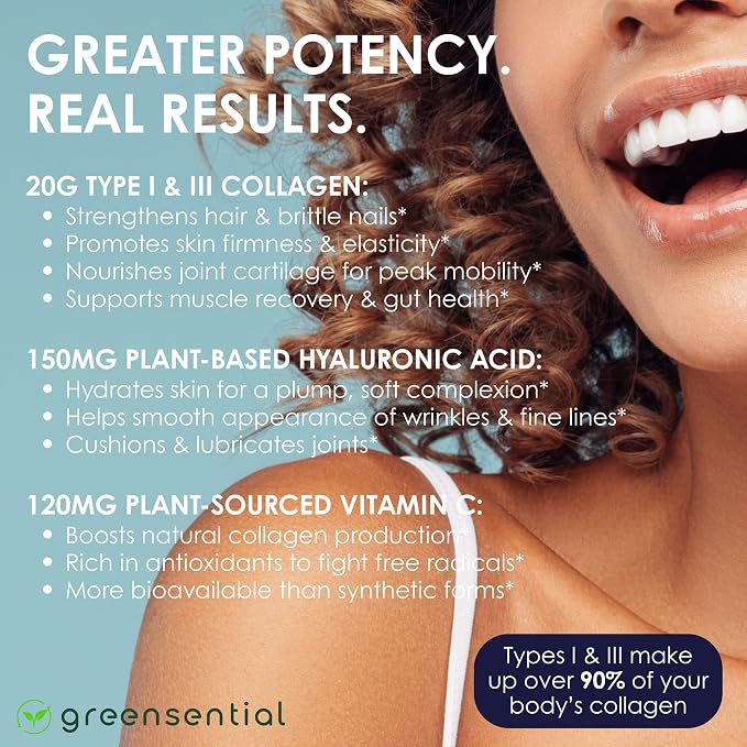 Greensential Collagen Peptides Powder 21oz + Vitamin C & Hyaluronic Acid | 100% Hydrolyzed Grass-Fed | Hair, Skin, Nail & Joint Support | Easy to Mix, Unflavored, 28 Servings