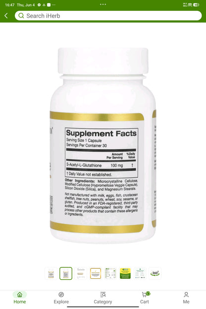 California Gold Nutrition S-Acetyl L-Glutathione, 100 mg, 30 Veggie Capsules