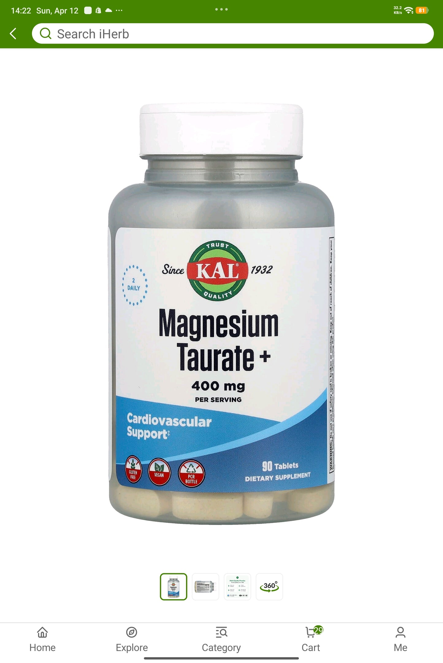 KAL, Magnesium Taurate+, 180 Tablets