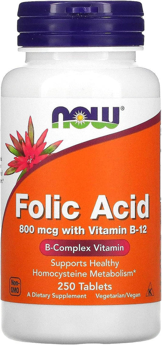 Now Foods Folic Acid 800 mcg with Vitamin B-12 | Red Blood Cell Formation & DNA Synthesis & Healthy Homocysteine & Cardiovascular & Nervous System Support | 250 Tablets