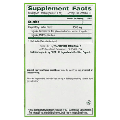 Traditional Medicinals, Organic Green Tea matcha with Toasted Rice, 16 Wrapped Tea Bags, 24 g (0.85 oz)