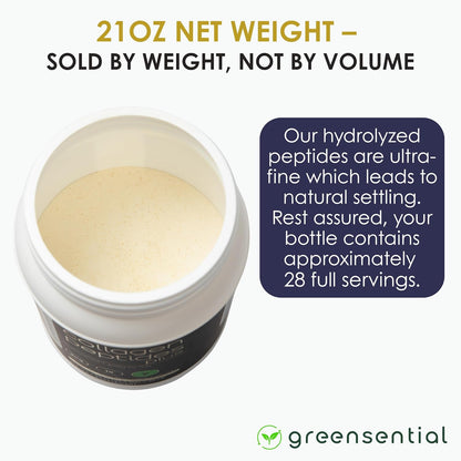 Greensential Collagen Peptides Powder 21oz + Vitamin C & Hyaluronic Acid | 100% Hydrolyzed Grass-Fed | Hair, Skin, Nail & Joint Support | Easy to Mix, Unflavored, 28 Servings