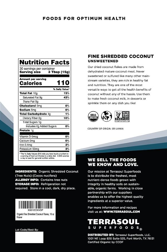 Terrasoul Superfoods Organic Coconut Flakes, 16 Oz - Finely Shredded | Macaroon Cut…