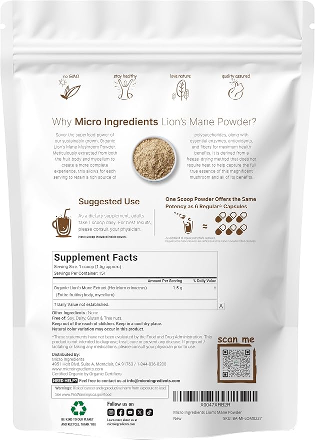 Micro Ingredients Organic Lion’s Mane Mushroom Powder, 8oz | Pure Fruiting Body Superfood | Supports Brain, Focus, Energy & Immune Health | Great for Smoothies & Coffee | Filler Free, Vegan, Non-GMO
