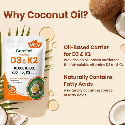VEV Vitamin D3 K2 10,000 IU, 200 mcg K2, 300 Coconut Oil Softgels