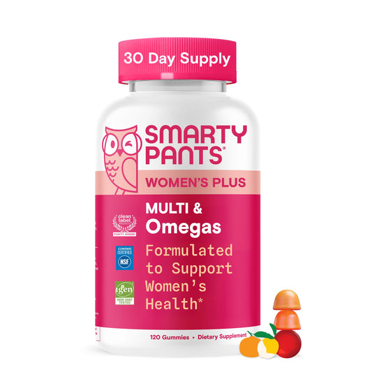SmartyPants Women’s Plus Multi & Omegas – Multivitamin Gummies with Omega-3, Methylfolate, CoQ10, D3, B Vitamins, Zinc | Gluten Free | 120 Count (40 Day Supply)