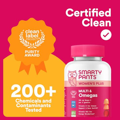 SmartyPants Women’s Plus Multi & Omegas – Multivitamin Gummies with Omega-3, Methylfolate, CoQ10, D3, B Vitamins, Zinc | Gluten Free | 120 Count (40 Day Supply)