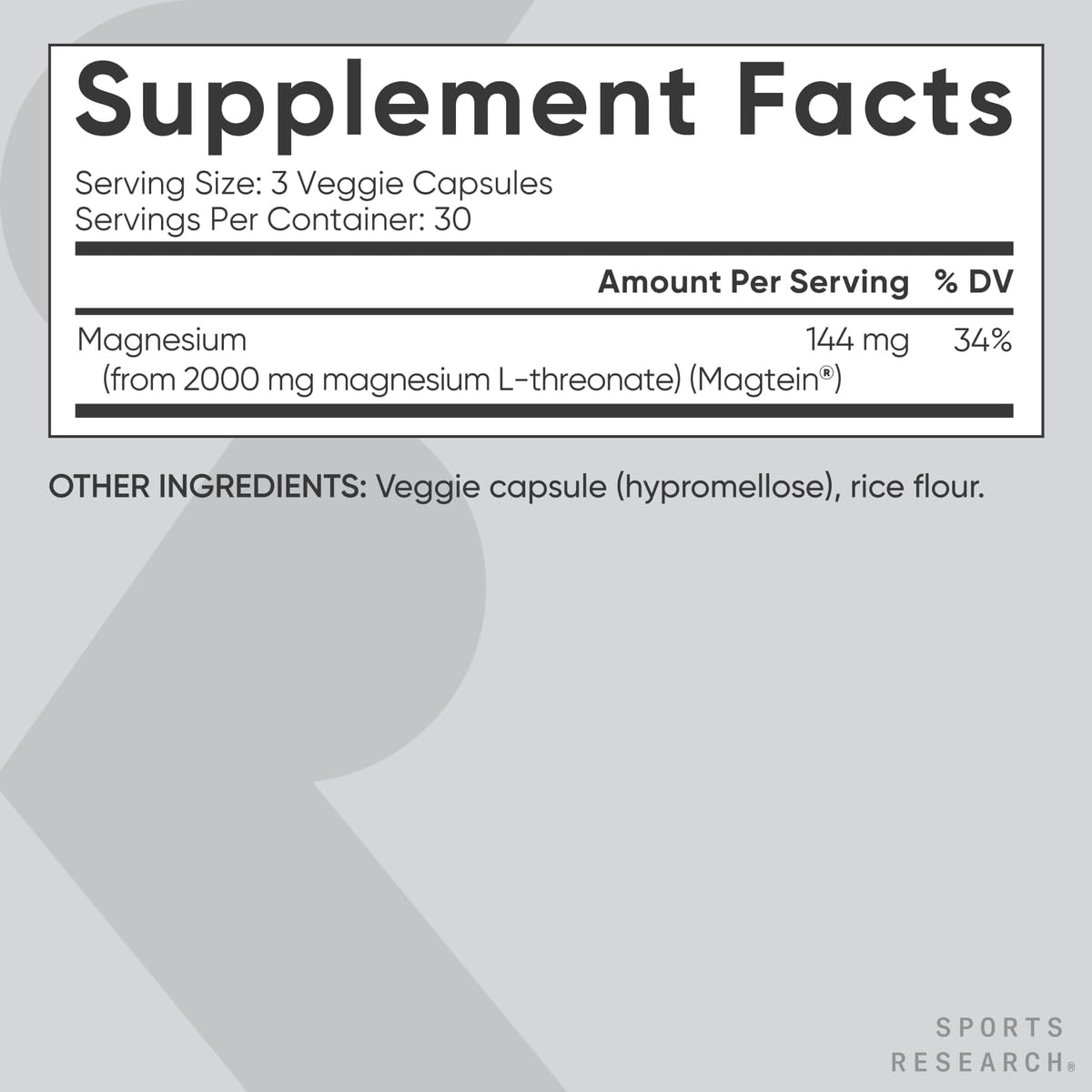 Sports Research Magnesium L-Threonate 2000mg – Magtein for Brain Health, Memory & Focus | Vegan, Non-GMO, Gluten Free | 90 Capsules