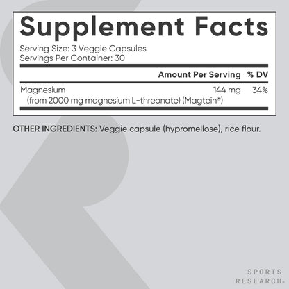 Sports Research Magnesium L-Threonate 2000mg – Magtein for Brain Health, Memory & Focus | Vegan, Non-GMO, Gluten Free | 90 Capsules