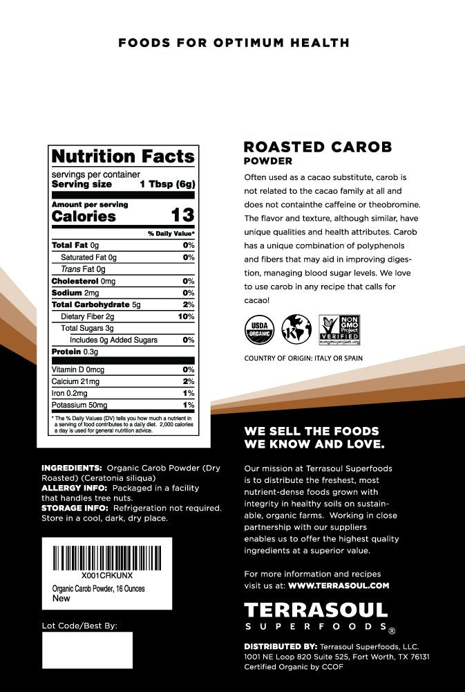 Terrasoul Superfoods Organic Carob Powder, 16 oz – Cocoa Powder Alternative, High in Fiber