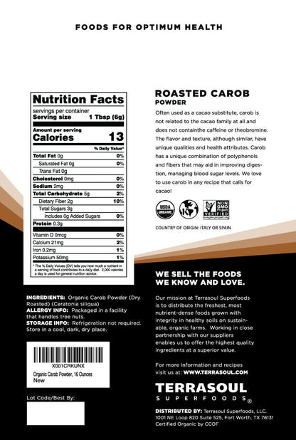Terrasoul Superfoods Organic Carob Powder, 16 oz – Cocoa Powder Alternative, High in Fiber