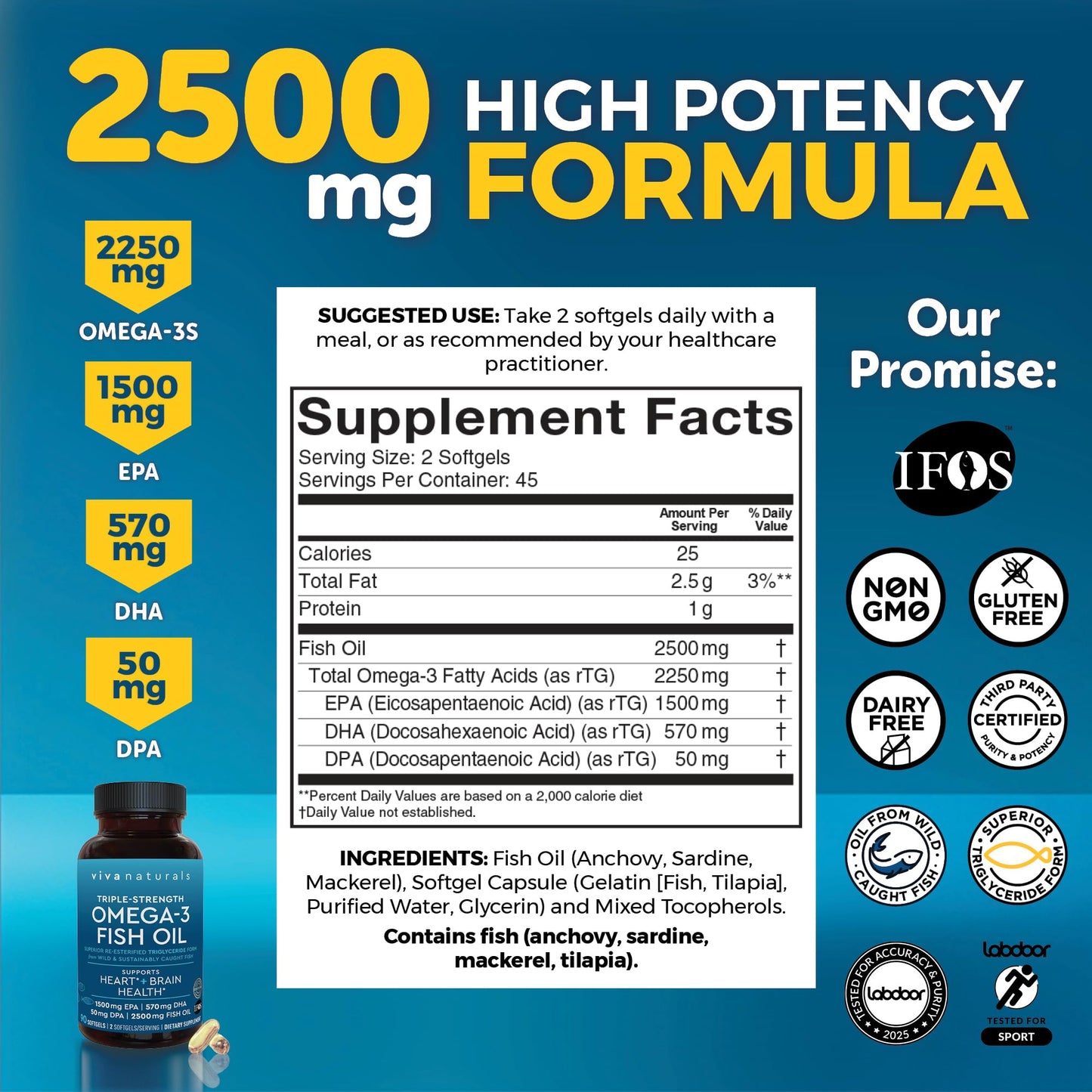 Viva Naturals Triple Strength Omega-3 Fish Oil – 2,500 mg per Serving, RTG Absorption, IFOS Certified, 90 Softgels