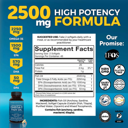 Viva Naturals Triple Strength Omega-3 Fish Oil – 2,500 mg per Serving, RTG Absorption, IFOS Certified, 90 Softgels