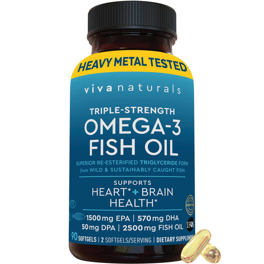 Viva Naturals Triple Strength Omega-3 Fish Oil – 2,500 mg per Serving, RTG Absorption, IFOS Certified, 90 Softgels