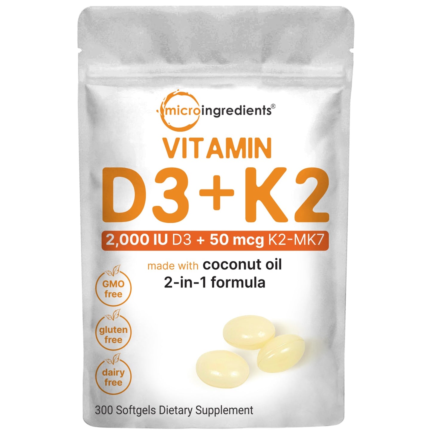 Micro Ingredients Vitamin D3 K2 5000IU /2000IU / 1000IU, Infused with Virgin Coconut Oil, 300 Softgels